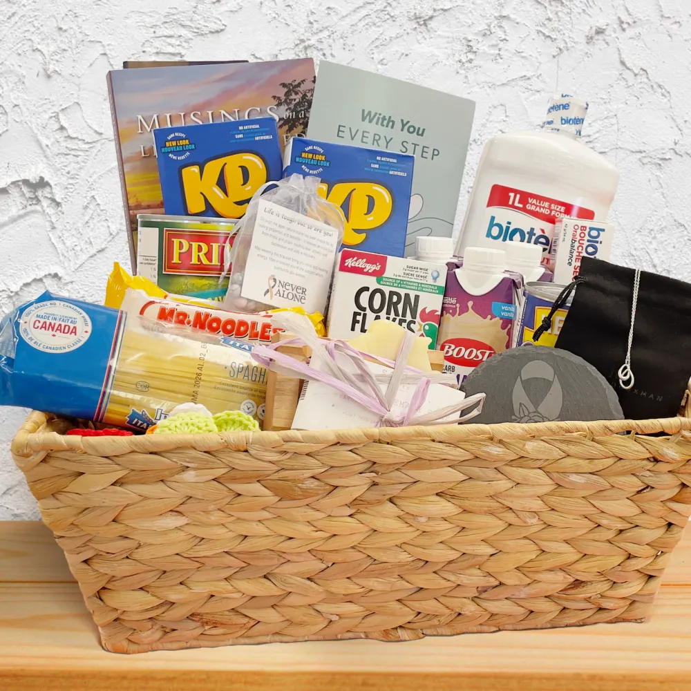 Photo of a hamper filled with food.
